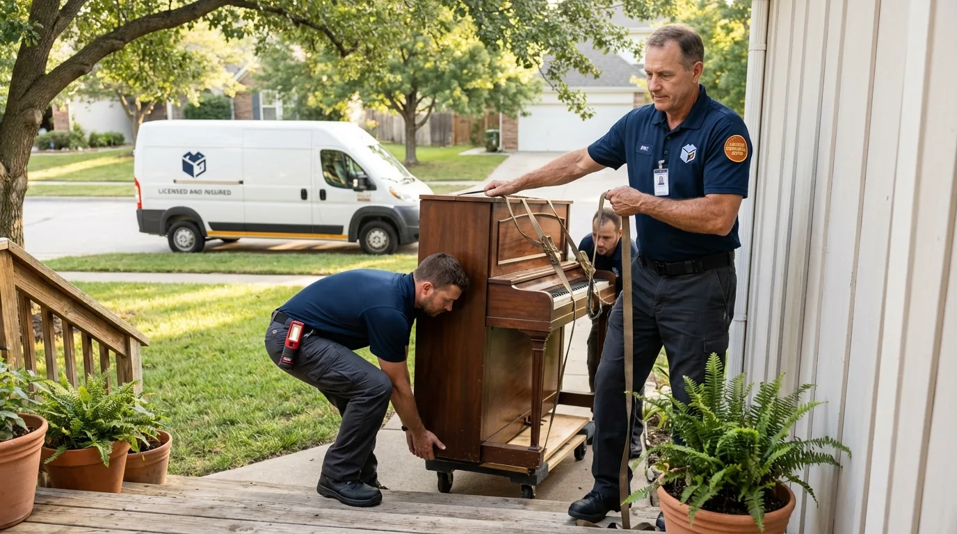 Licensed piano movers securing grand piano in Geneva, FL