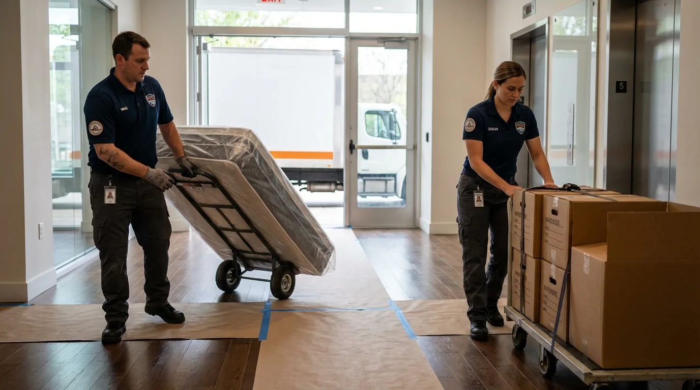 Professional apartment movers loading elevator in Geneva, FL